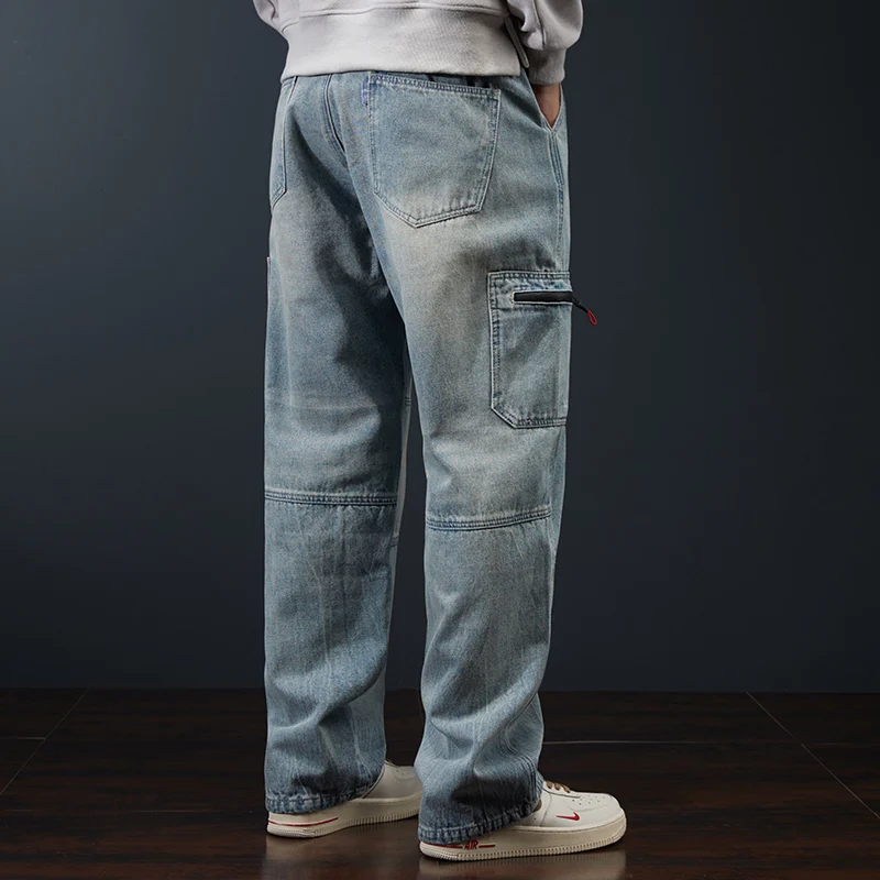 

Men's Workwear Jeans Straight Leg Loose Fit Autumn Winter Long Trousers Multiple kets Zipper Closure High Waist Denim Pants