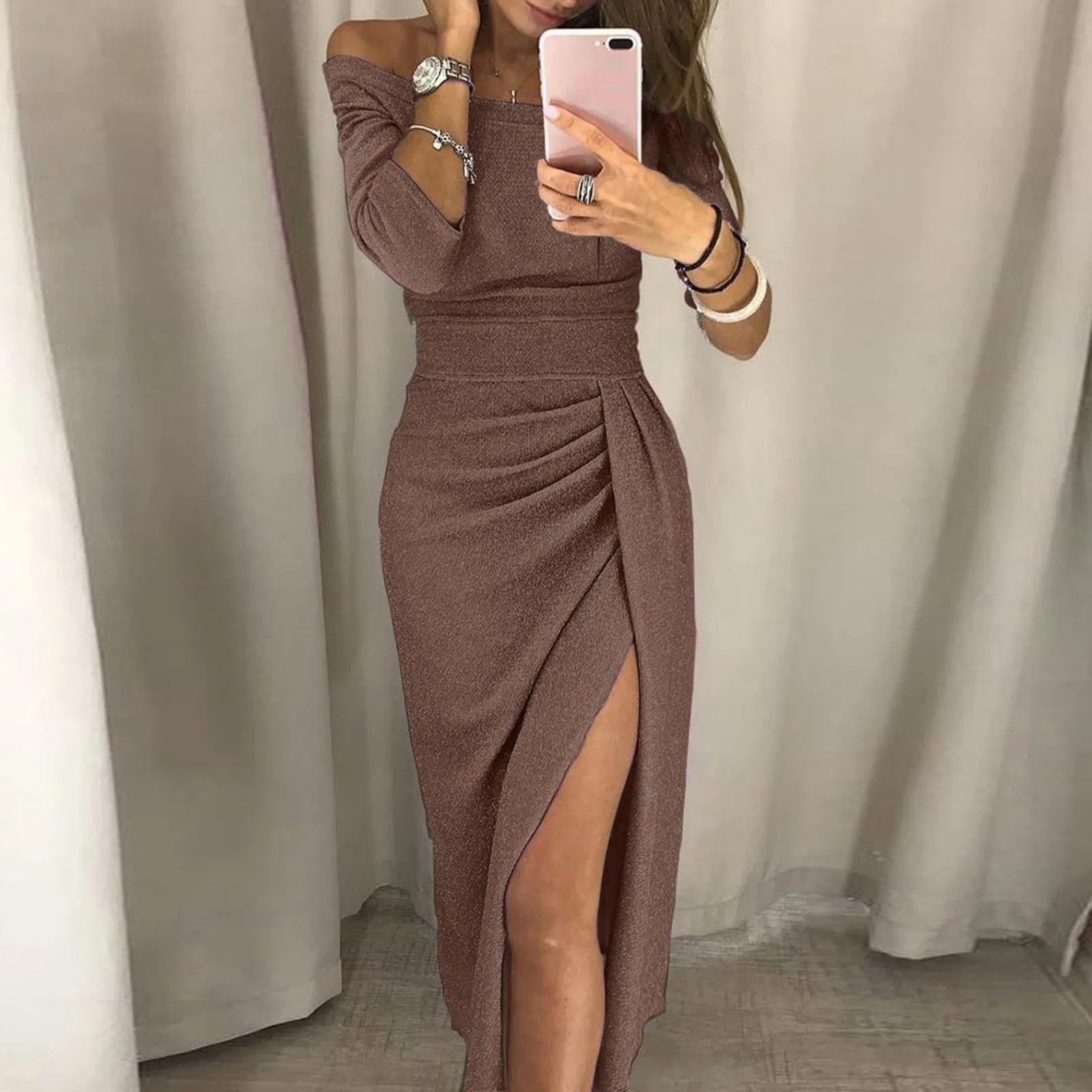 Women'S Dress One-Neck Dress Solid Maxi Long Dress Dinner Shiny Slit Hip Bag Dress Hip Bag Dress Evening Casual Elegant Formal