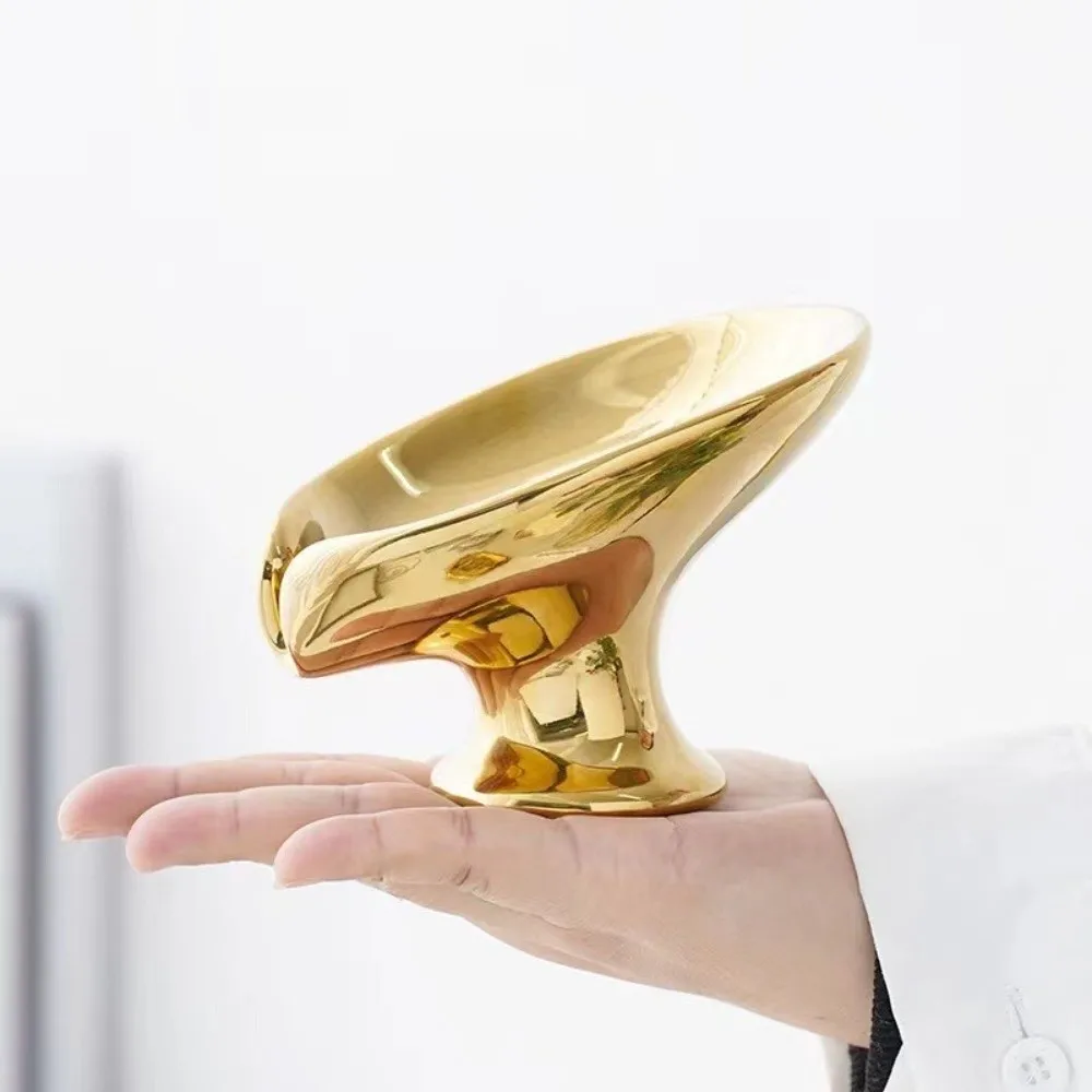 Ceramic Self Draining Soap Holder Leaf Shape Gold Silver Soap Dish with Drain Holes Bathroom Storage Holder Counter Tray