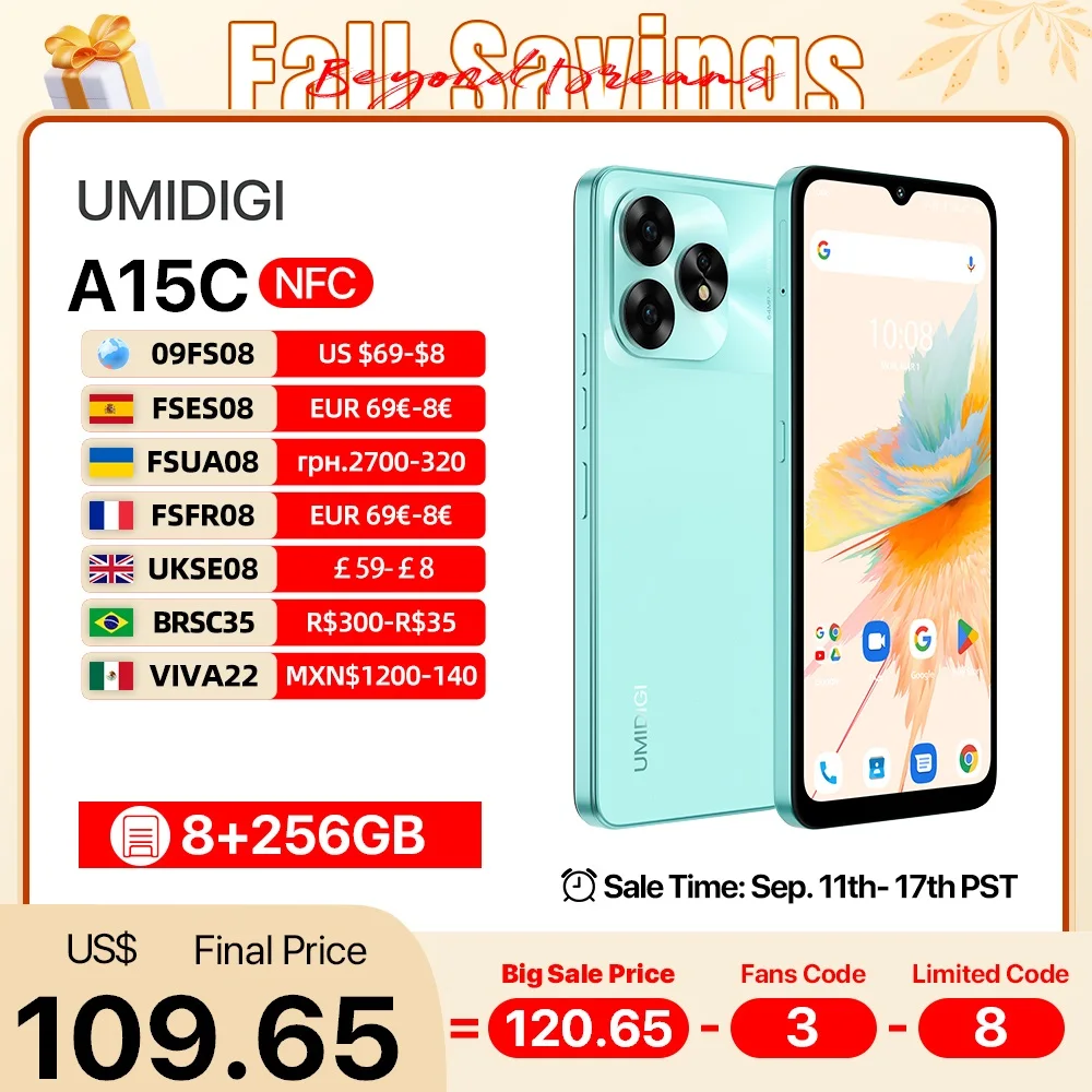 Смартфон UMIDIGI A15, A15C NFC Android 13, 6,7 дюйма FHD + экран, 8 ГБ, 256 ГБ, камера 64 МП, мобильный телефон с быстрой зарядкой 5000 мАч, 20 Вт