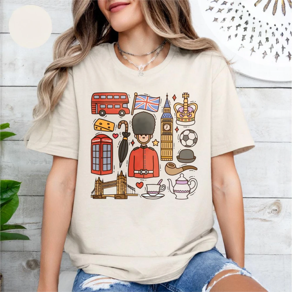 London Travel Icons Graphic Tee Red Bus Crown Tea Pot Tourist Souvenir Tshirt Retro Casual Unisex Streetwear Tops Cotton Tees