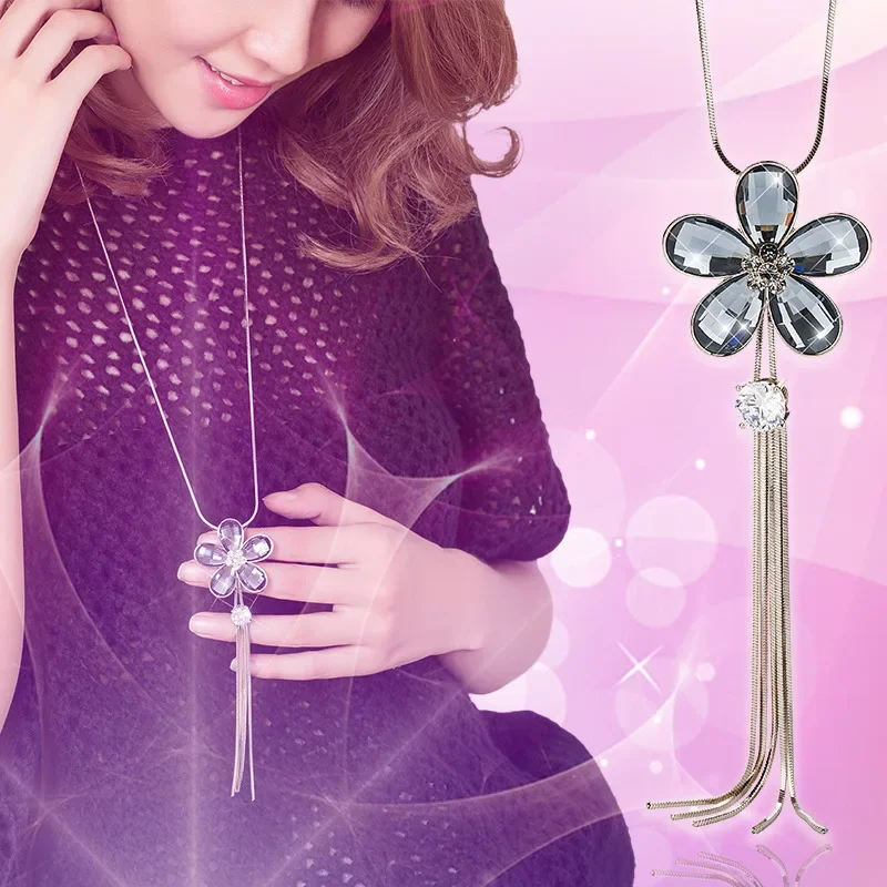 長くファッショナブルな女性用ネックレス アクセサリー、多用途でエレガントな花とタッセルのセーター チェーン