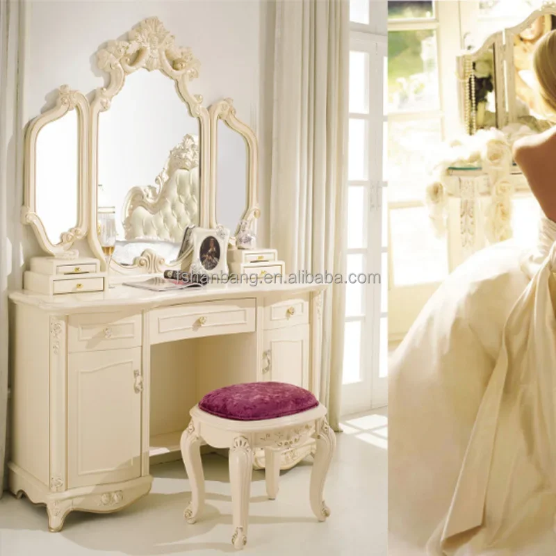 Modern European French  Style  White Wooden Dressing Table with 3 Mirrors and Cupboard