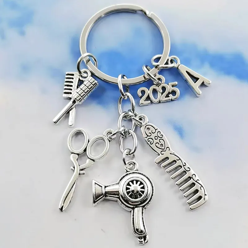 New A-Z Letter Cute Hairdresser Hairdresser Essential Hair dryer Scissors Comb Key Chain Hairdresser Gift Key Chain