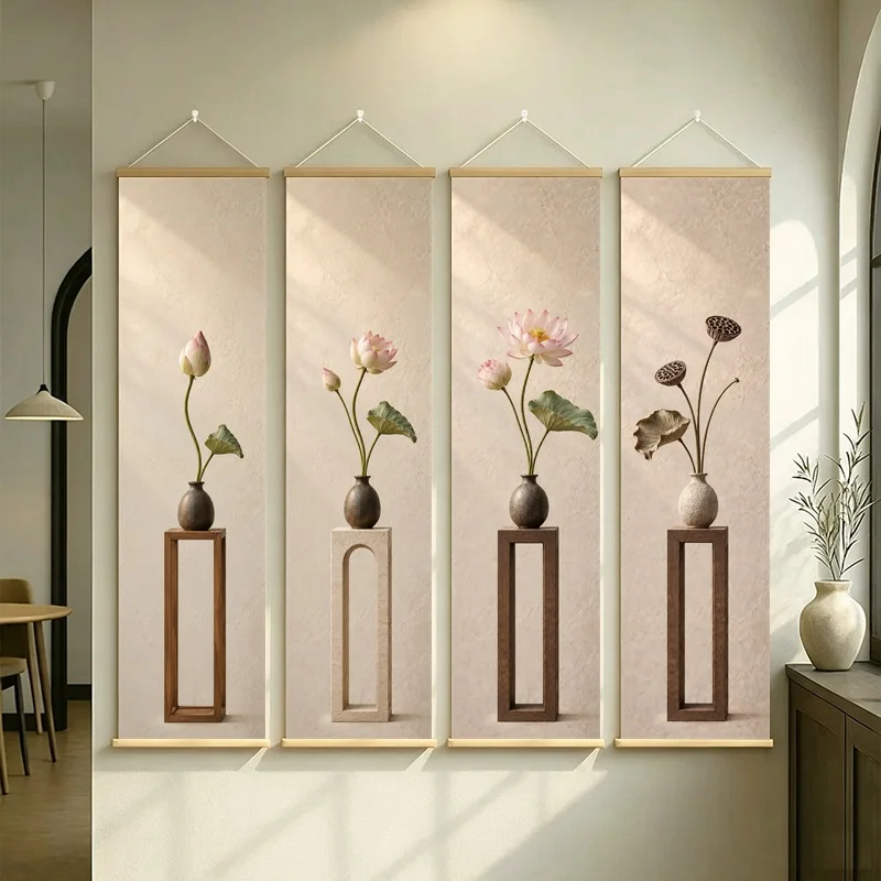 Botanical Wall Art 4-Panel Lotus Vase Hanging Scroll Set on Beige Silver Shimmer Canvas for Quiet Zen Living Room Decor