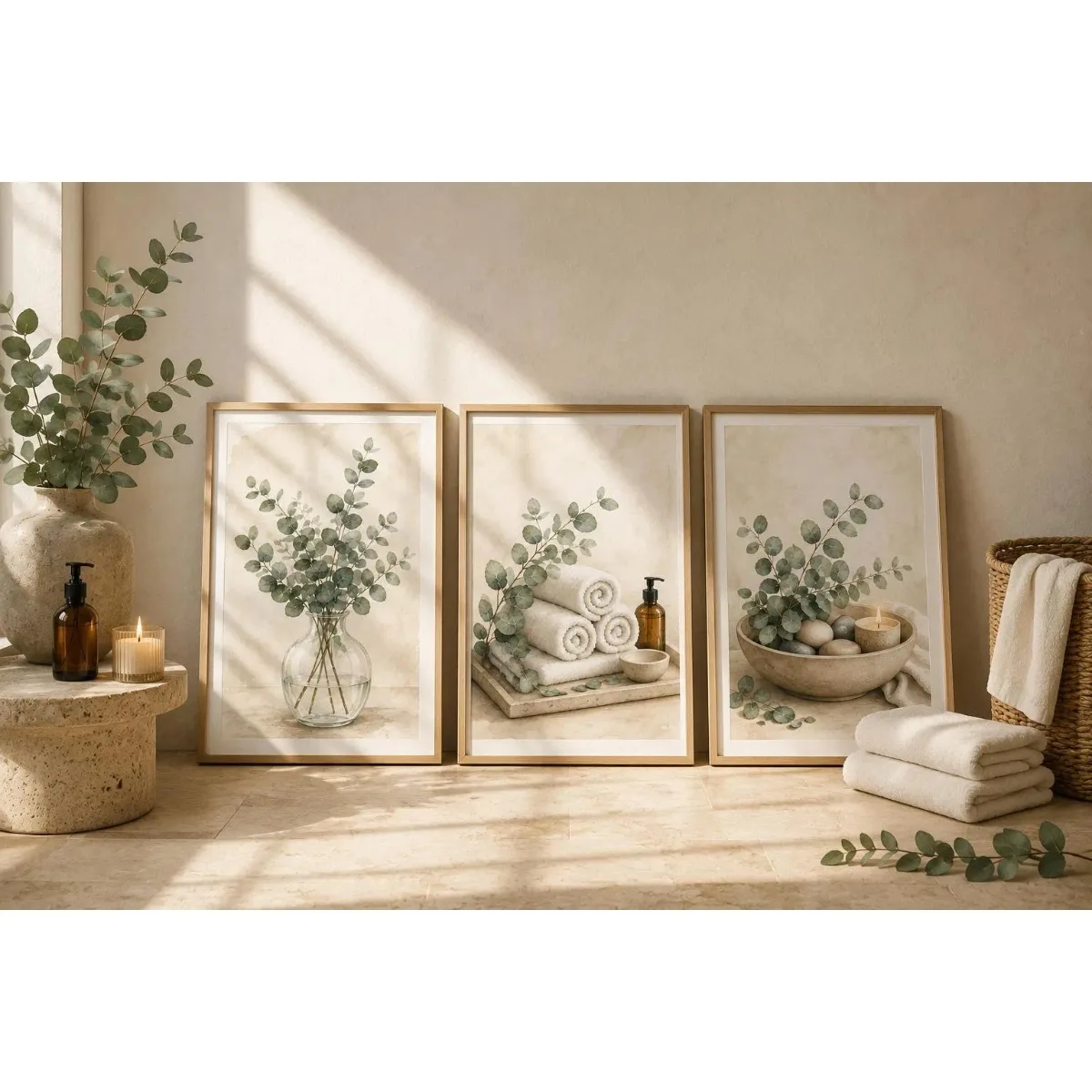 1/3pcs Neutral Beige Botanical Bathroom Canvas Prints Poster Minimalist Rustic Towel Stone Candle Art Prints Restroom Home Decor