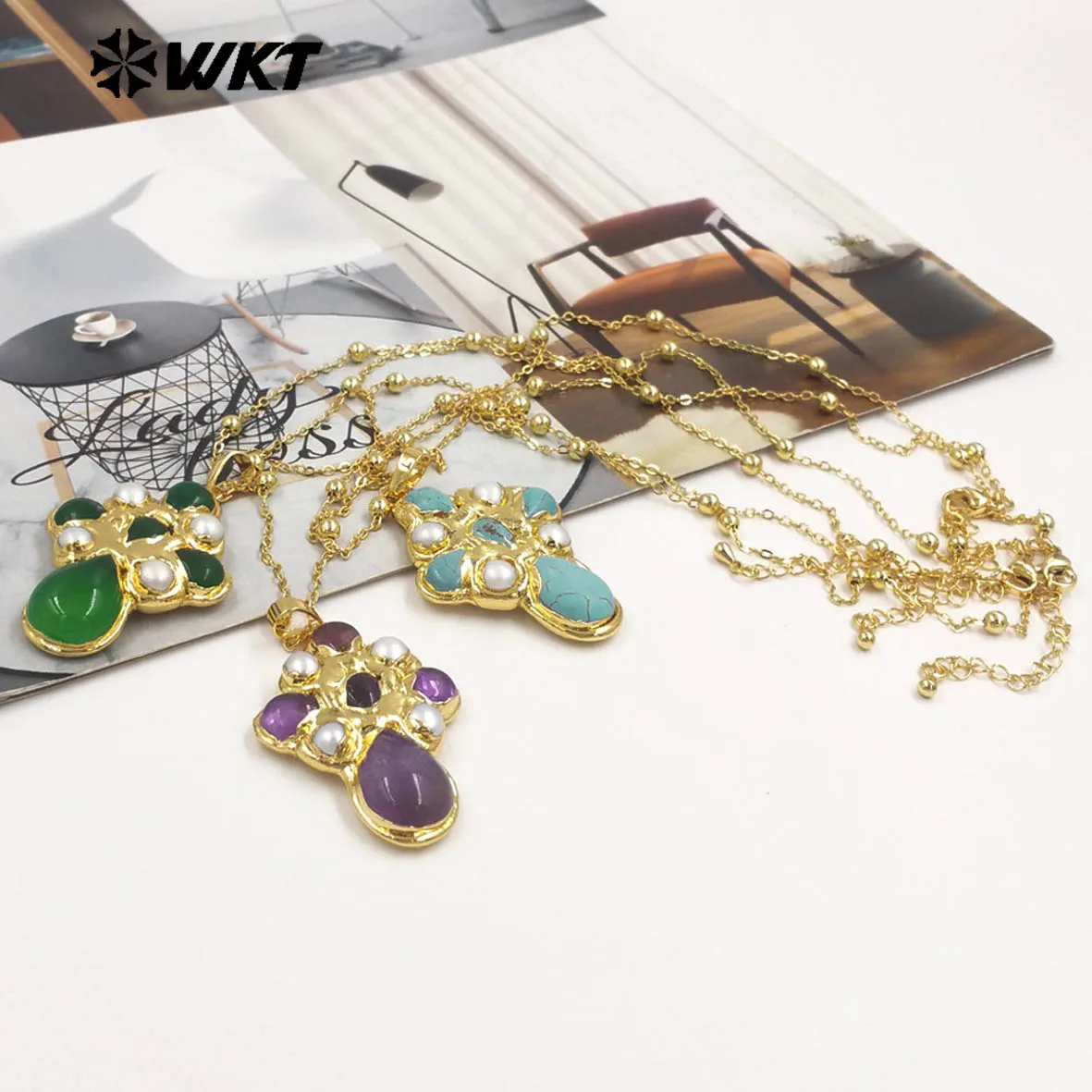 

WT-JN297 Fashion Elegant Popular Turquoise Pearl Shell Necklace With 18k Gold Plated For Girls Dress-up