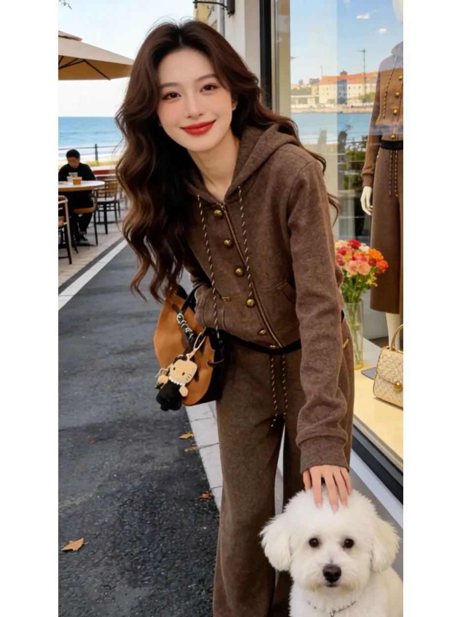 

Осень-зима, утягивающая толстовка с капюшоном, женский комплект, повседневные спортивные брюки с высокой талией, широкие брюки, дышащие, средние, тонкие