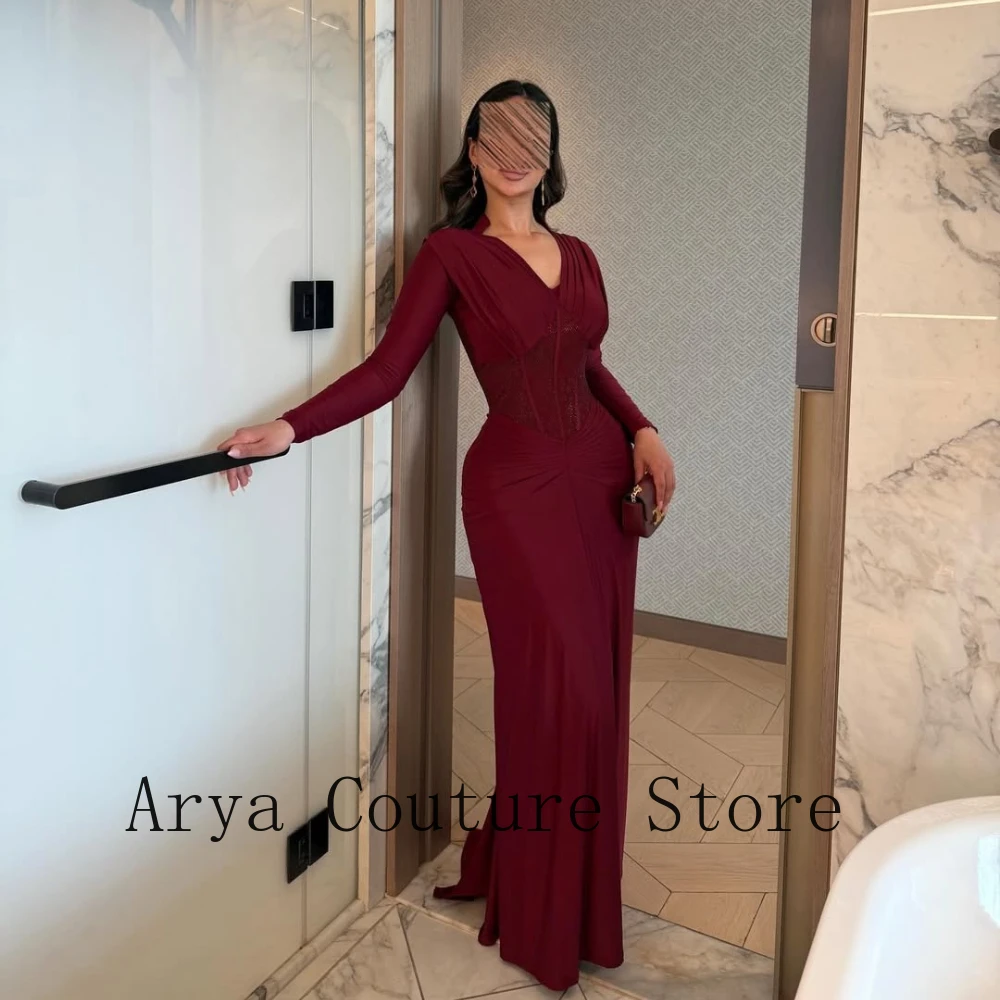Burgundy V Neck Draped Cape Collar Long Sleeve Corset Waist Ruched Slit Bodycon Mermaid Sweep Train Formal Evening Gala Wedding