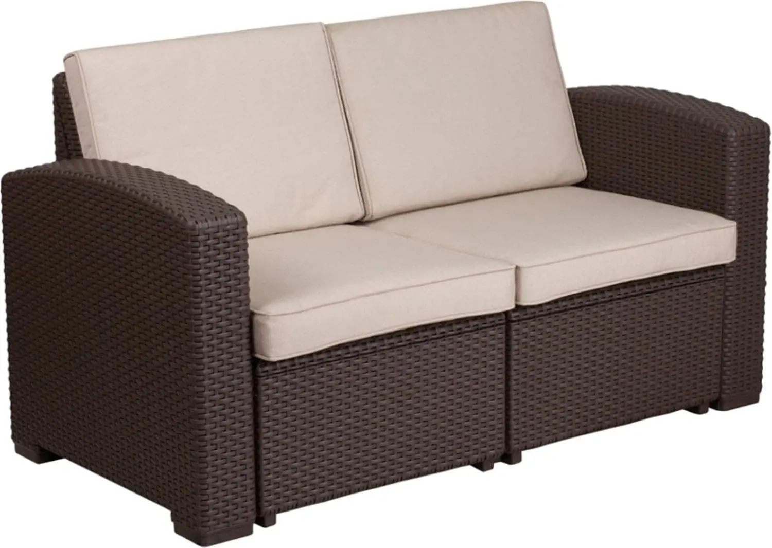 Furniture Chocolate Brown Faux Rattan Loveseat with All-Weather Beige Cushions