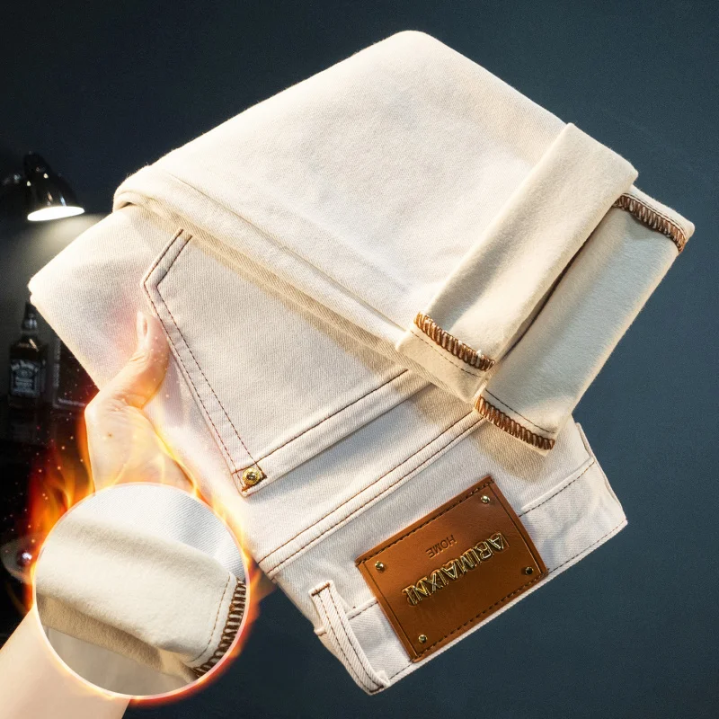 

Winter fleece men's jeans 2025 new trend simple solid color casual thick warm little leg pants