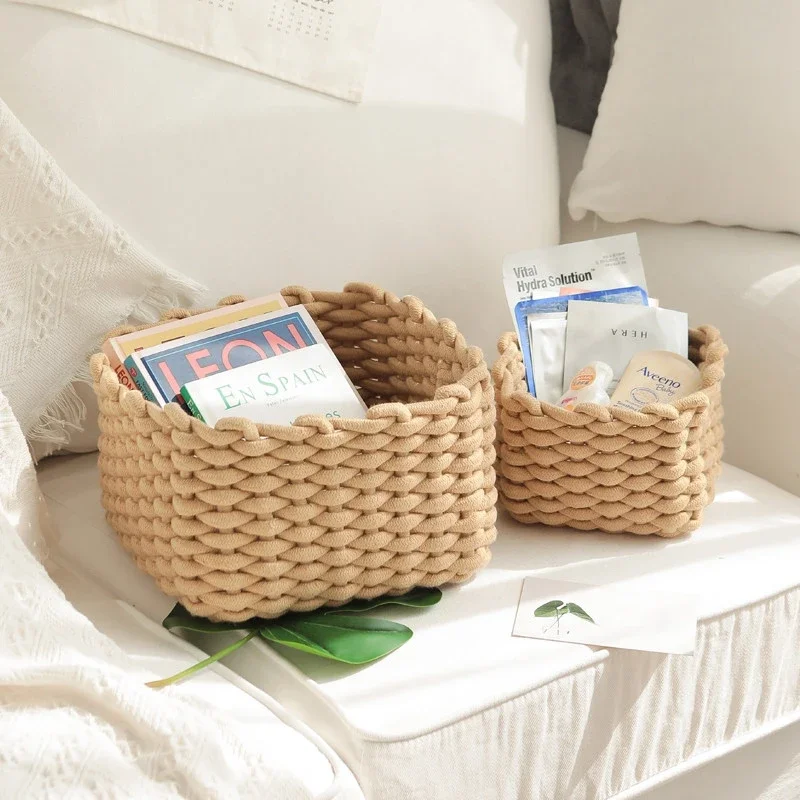 Hand-woven Storage Basket Home Sundries Woven Basket Cotton Rope Cosmetic Organizer Book Toy Desktop Storages Home Decor