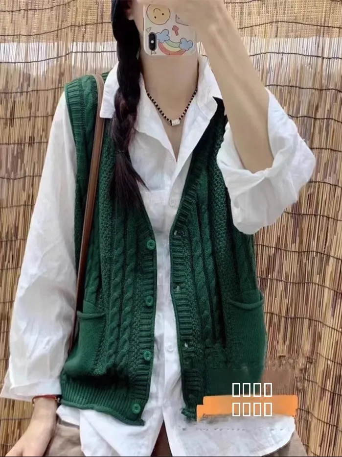 

Spring Autumn Svel Knitted Cotton Yarn Vest Fat MM Open Cardigan Top Women's Faion Commute Sle V-ne Regular Length