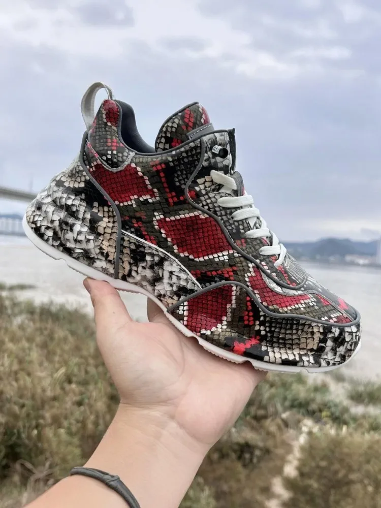 Mens Personality Serpentine Print Platform Sneakers Trainers Lace Up Designer Cowhide Genuine Leather Running Sport Shoes Male