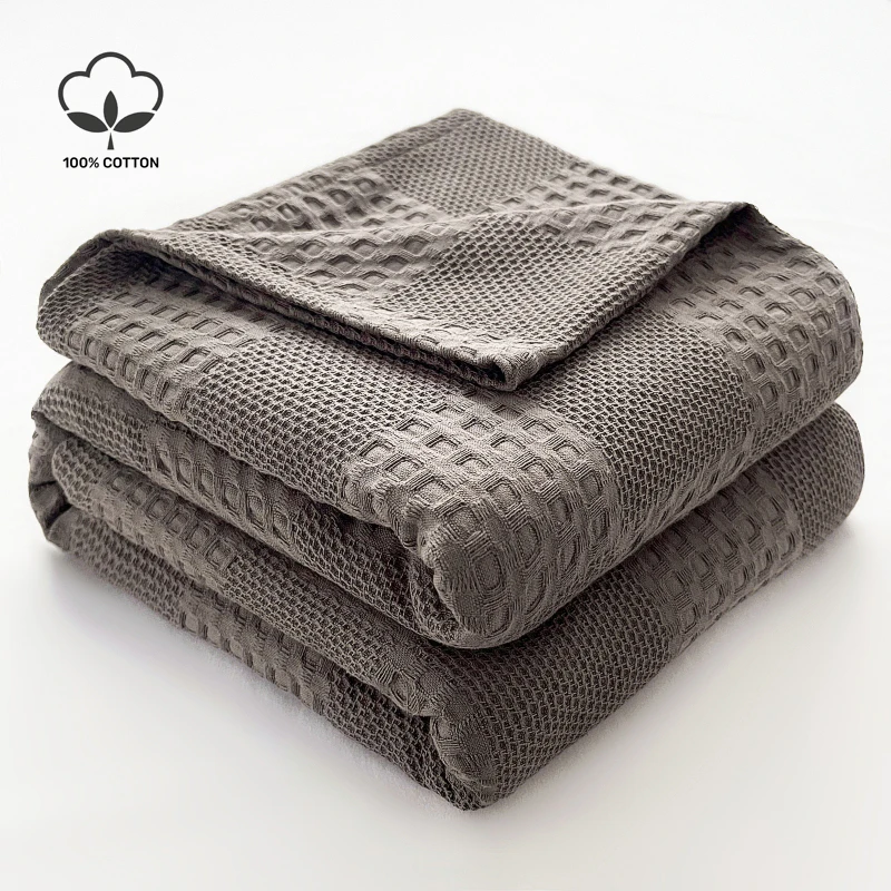 Battilo 100%Cotton Waffle Throw Blanket Solid Soft and Breathable Blanket for Twin/Queen/King Bed Decorative Plaid Sofa Blankets