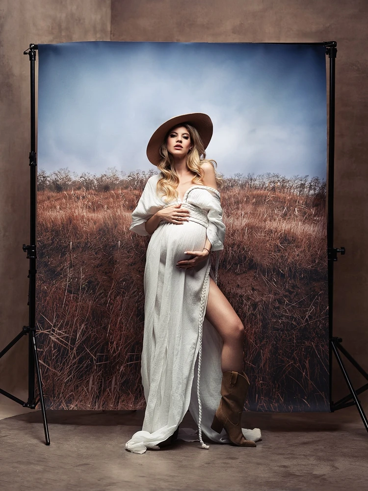 فستان الأمومة التصوير الفوتوغرافي العميق الخامس الرقبة الأبيض الشيفون طويل ماكسي ثوب سبليت الجبهة أنيقة الحمل اطلاق النار بطن الطفل