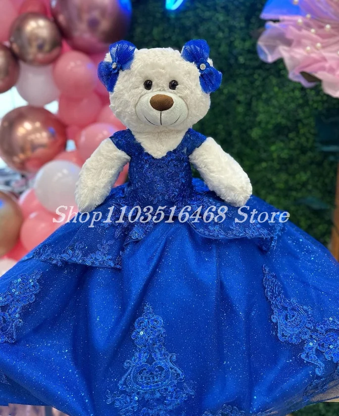 

Personalised Quinceanera Teddy Bear Dress Gemstone Blue Glitter Ruffle Elegant Sequin Applique Special Links