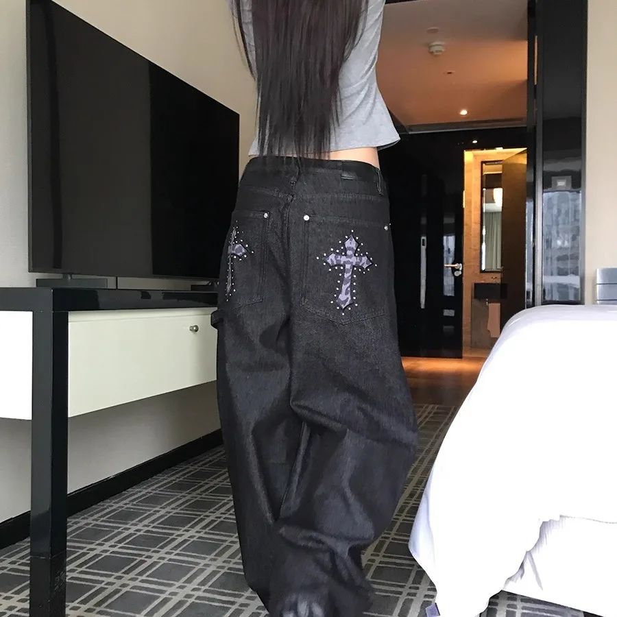 American High Street Leopard Print Cross Diamond Jeans Ex Vintage Loose Casual Streetwear Wide Leg Long Trousers Trendy