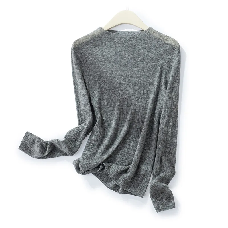 

Вязаная футболка Свитер из чистой шерсти Легкий текстурированный пуловер с воротником-стойкой Топы