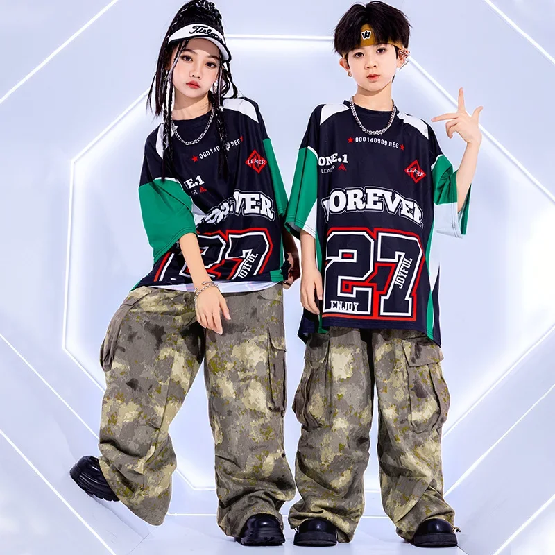 Costume de danse Hip Hop pour filles, haut imprimé, pantalon Cargo de Camouflage pour garçons, vêtements de spectacle de rue Jazz