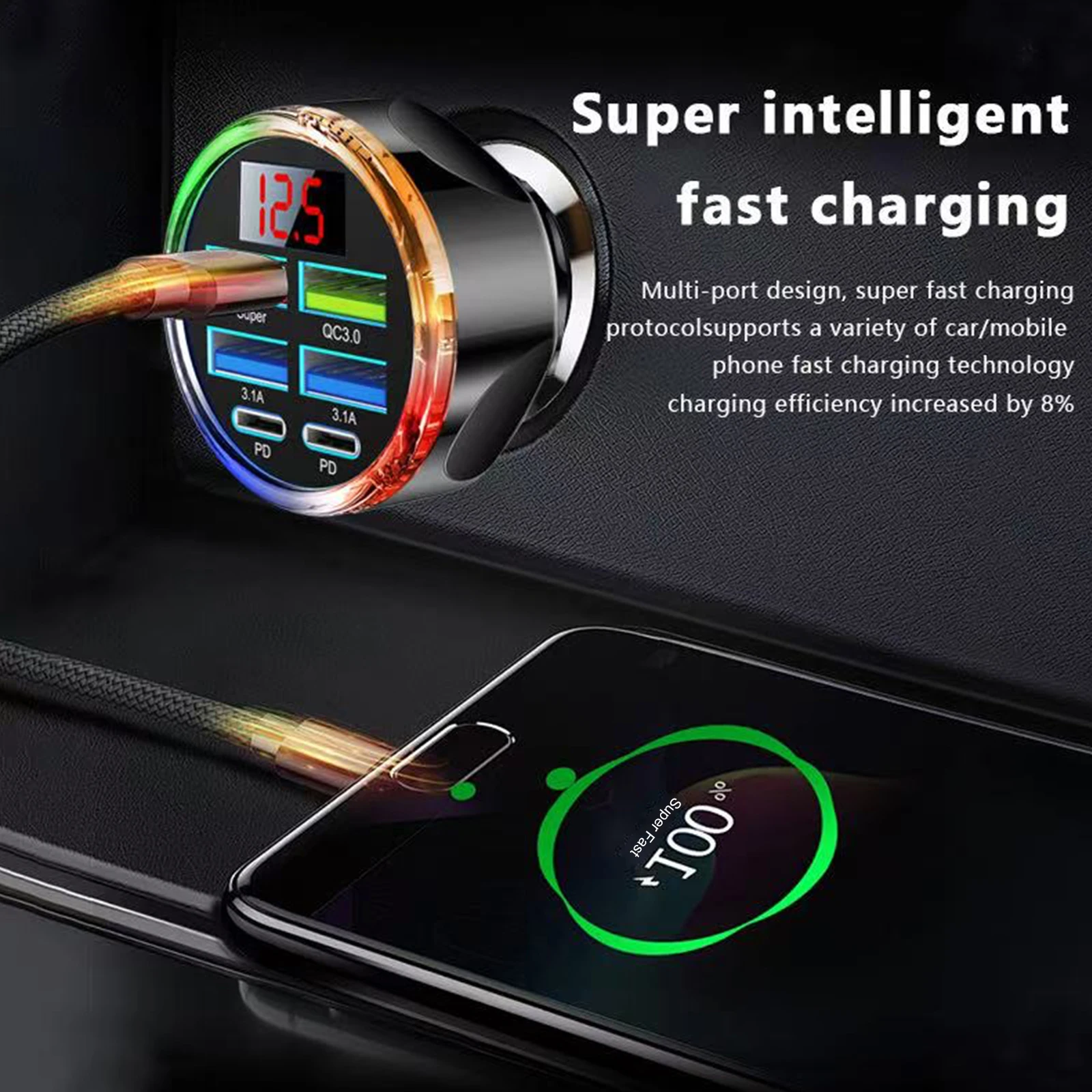 UYUXIO شحن سريع للغاية USB C شاحن سيارة محول مع عرض الجهد PD 30 واط متعدد المنافذ مع فولت متر آيفون سامسونج