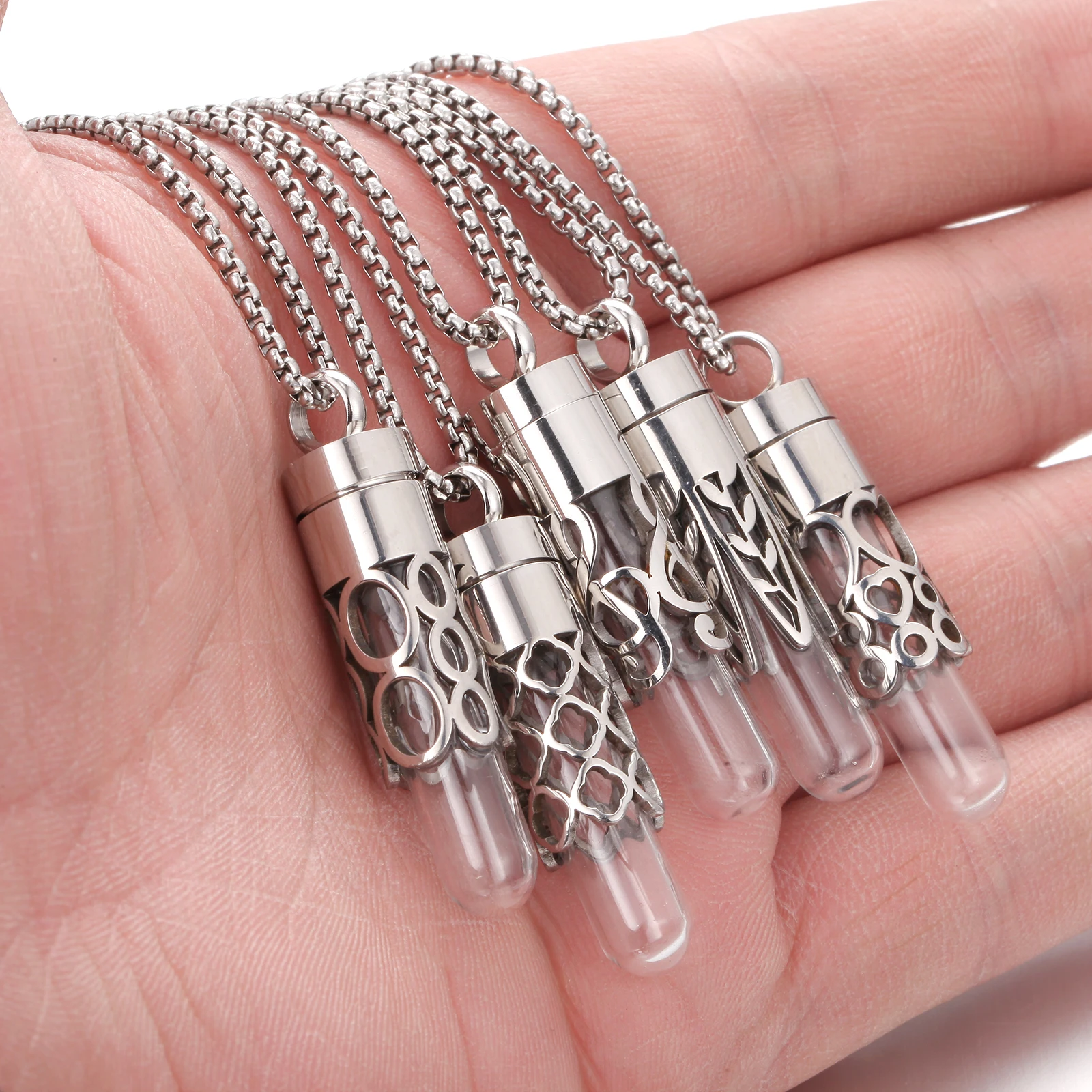 2024 New Stainless Steel Aromatherapy Diffuser Pendant Necklace Open Locket Aroma Jewelry Perfume Oil Bottle Glass Tube Necklace