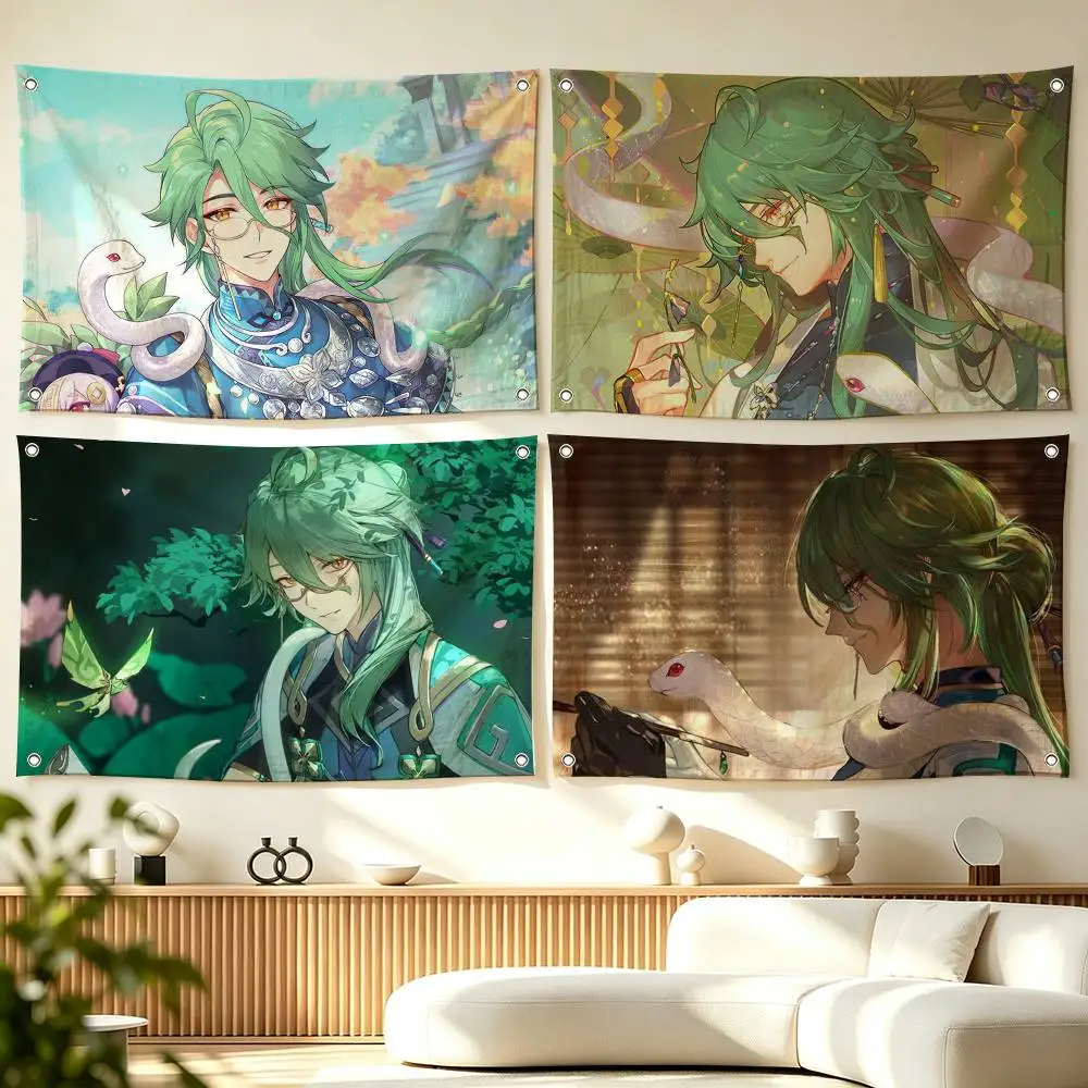 G-Genshin Impact Baizhu Game   Flags Wall Hanging Tapestry Outdoor Garage Room Decorative flag Background Blanket