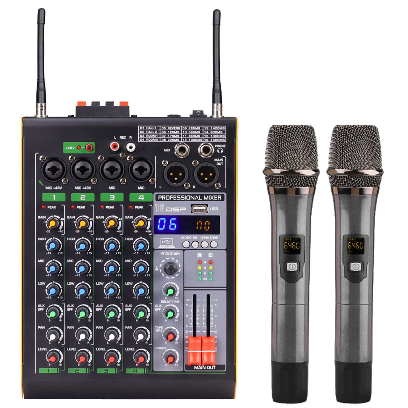 

Professional 4-Channel BT Audio Mixer With 2 Wireless Microphones LED Digital Mixing Console Built-in Amplifier With USB Connect