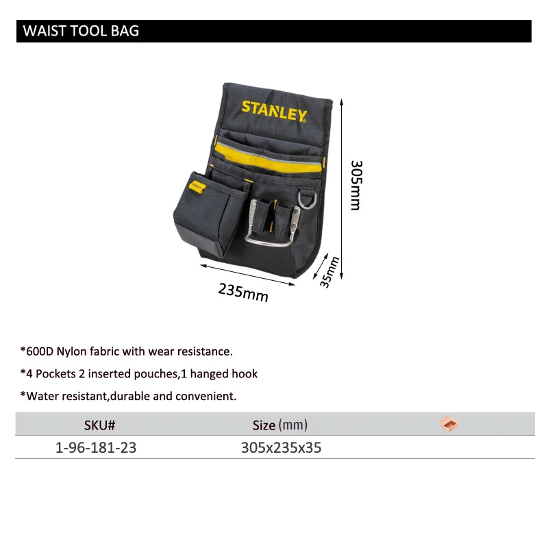 Stanley 1-Pcs Reinforced Professional Tool Bag Garden Toolbag Pouch Open Small Organizer Multipurpose Waist Bag for Tools Holder