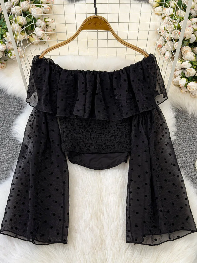 女性用 オフショルダー バケーション ブラウス 春 水玉模様 フラウンス スリーブ デザイン トップス ルーズ オールマッチ 通勤 長袖