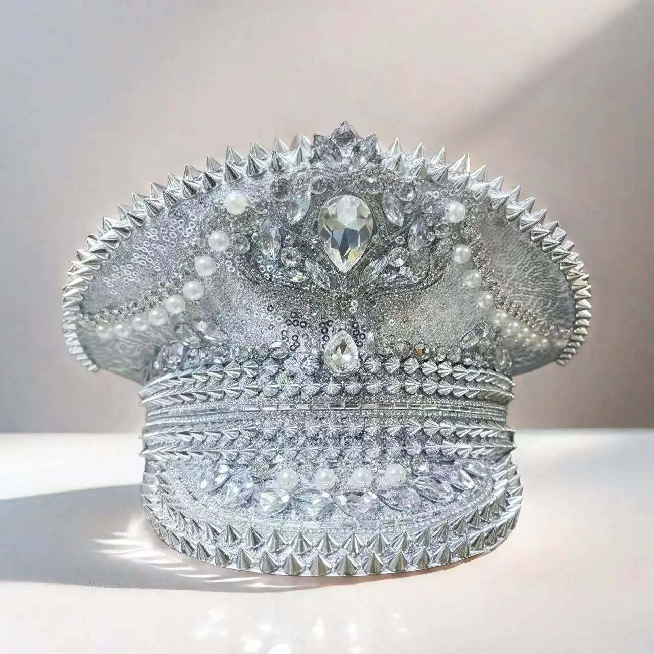 HongLuan Yellow Laser Leather Loop Captain Hat Rhinestone & Military Caps for Woman, Rave Festivals Accessories ＆ Party Cap Man