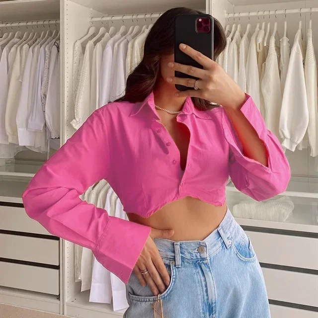 Summer 2023 New Street Trend Crop Tight Short Shirt Women's Lapel Single Breasted Cotton Small Shirt
