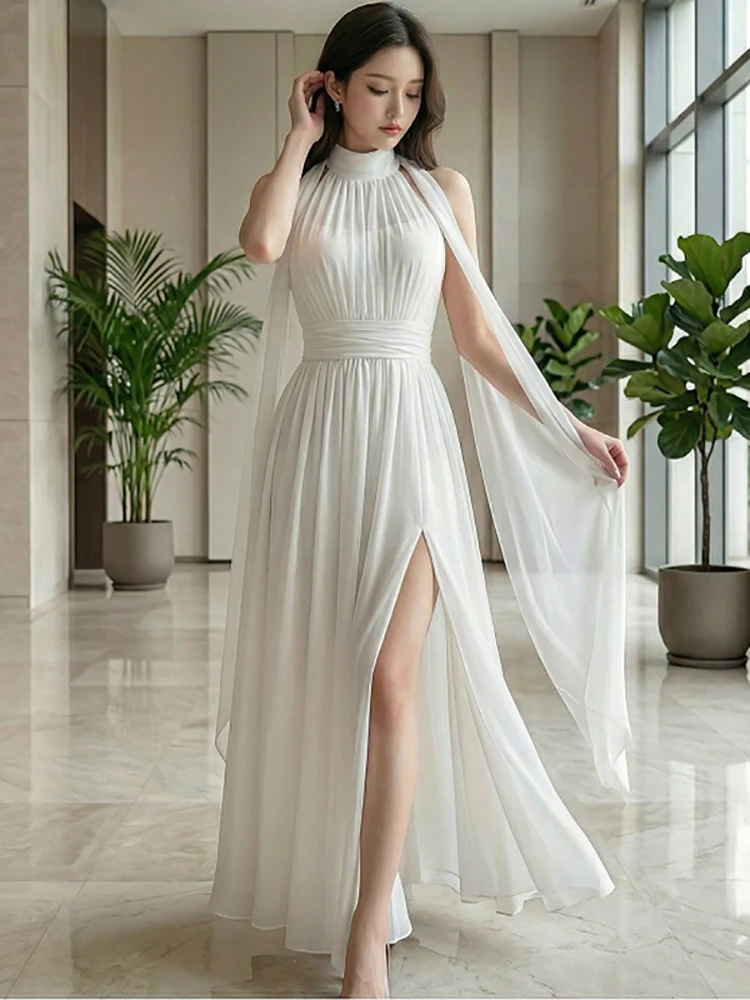 

Summer White Chiffon Pleated Bodycon Maxi Dress Women Elegant Neck-mounted Casual Dress 2026 Korean Fashion Chic Holiday Dresses