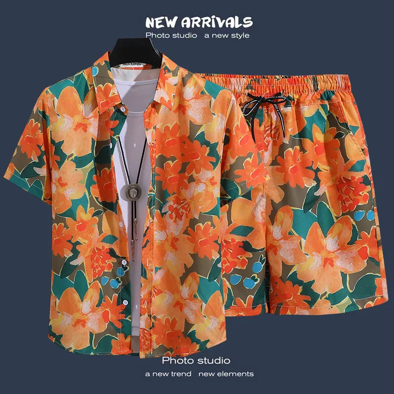 43/5000 2024 New vintage men\'s Shirt set Summer Beach Short sleeve shirt Shorts Casual Travel Men\'s Hawaii 2-piece suit M-5XL