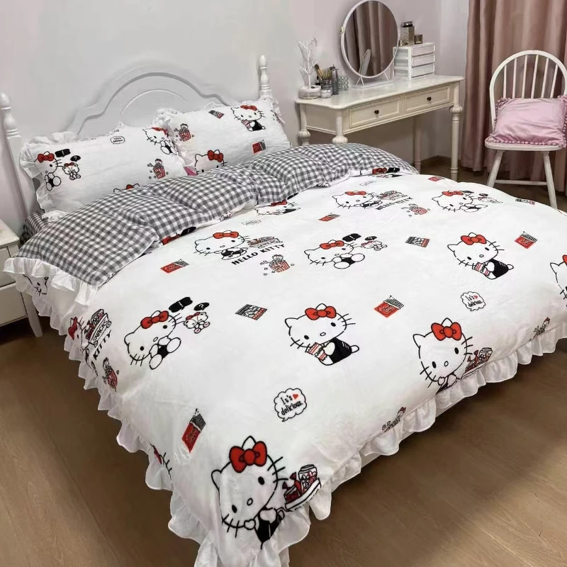 

Sanrio Kuromi dark little elf cartoon cute bedding Kawaii winter coral fleece warm sheet duvet cover four-piece set gift
