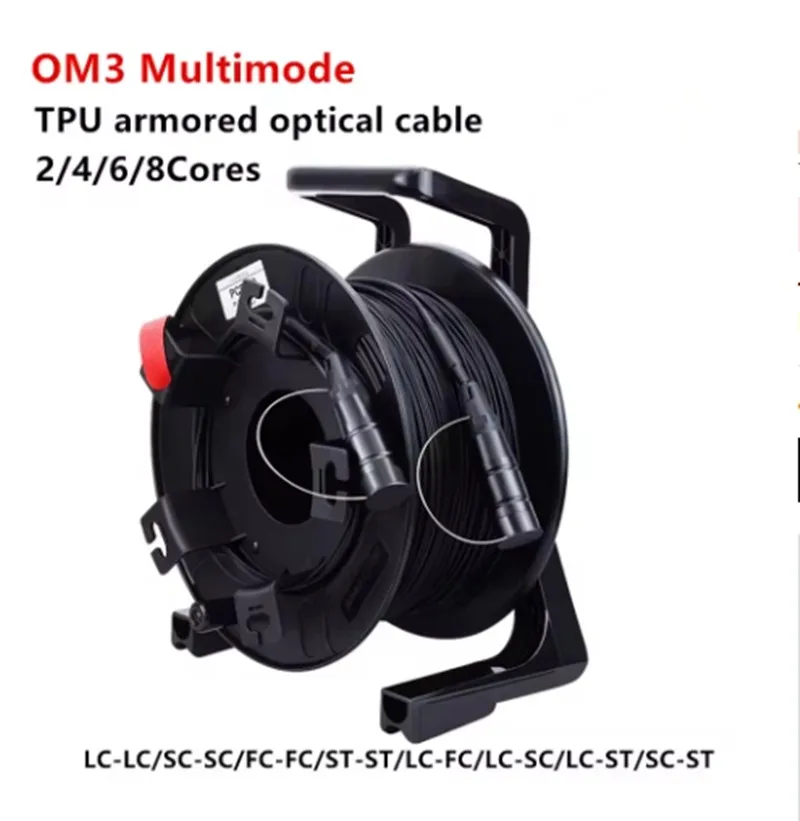 TPU Armored Optical Cable,OM3 Multimode, 3x30m,2x100m, multi-mode 12 core fiber LC to LC  with protective caps and PCD235 reel