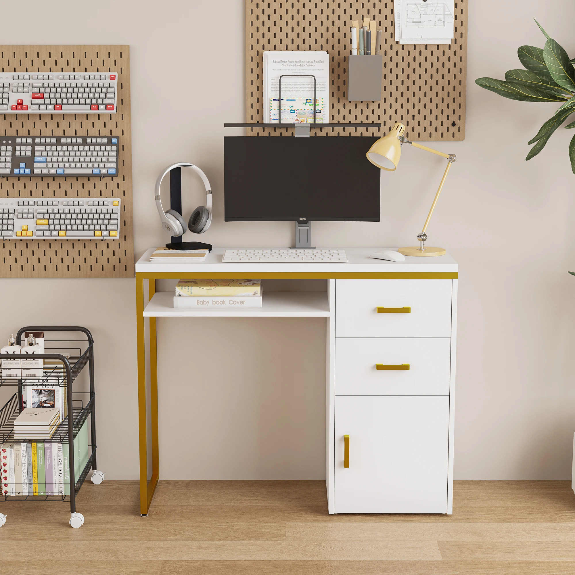 Sturdy White Particleboard & Iron Pipe Computer Desk (97*35*78cm) with 2 Drawers and 1 Door, Versatile for Multiple Scenes