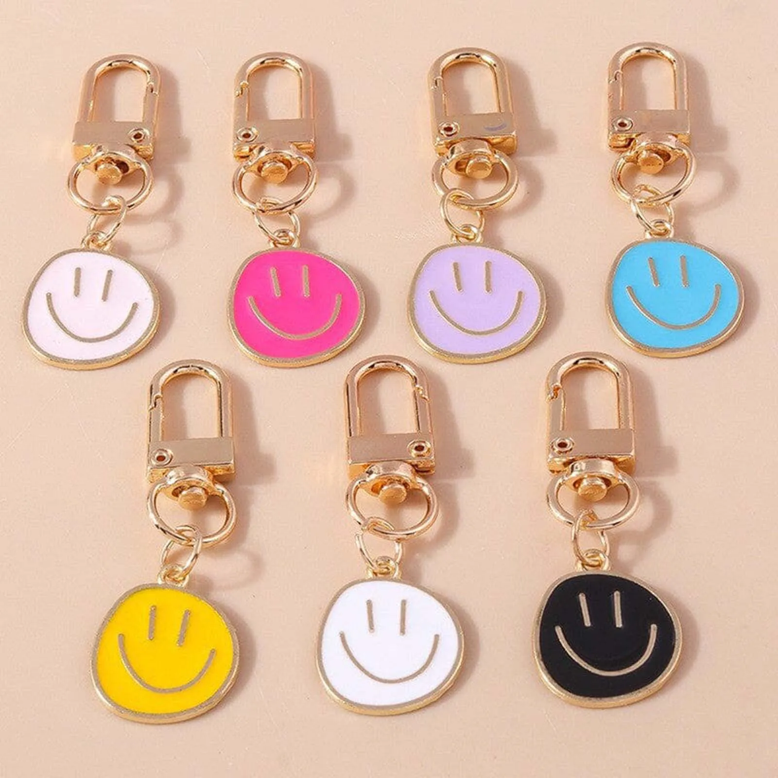 5/25Pcs Cute Happy Smile Face Keychain Key Holder Charms Bag Pendant Decor DIY Jewelry Gifts For Women Girls Random Color