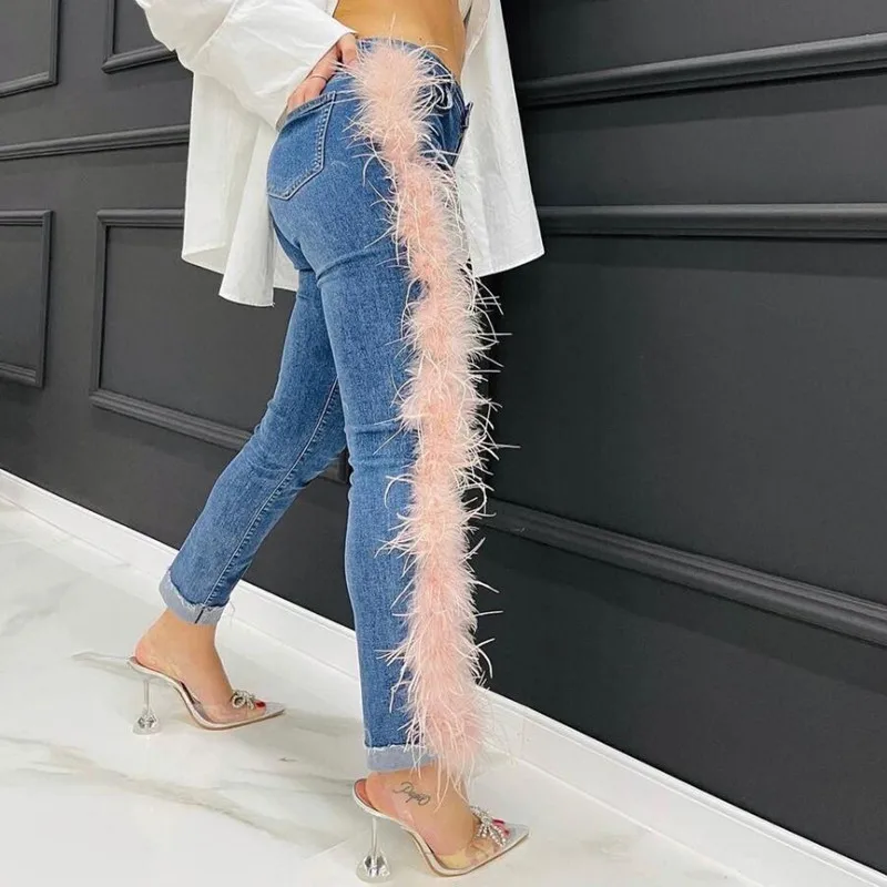 

High Street Side Ostrich Feathers Design Cotton Stretch Jeans Women High Waist Skinny Denim Pencil Pants q249