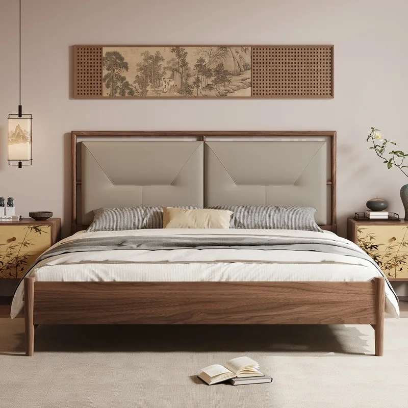 Song Dynasty aesthetics new Chinese-style solid wood double bed, leather bag soft bed
