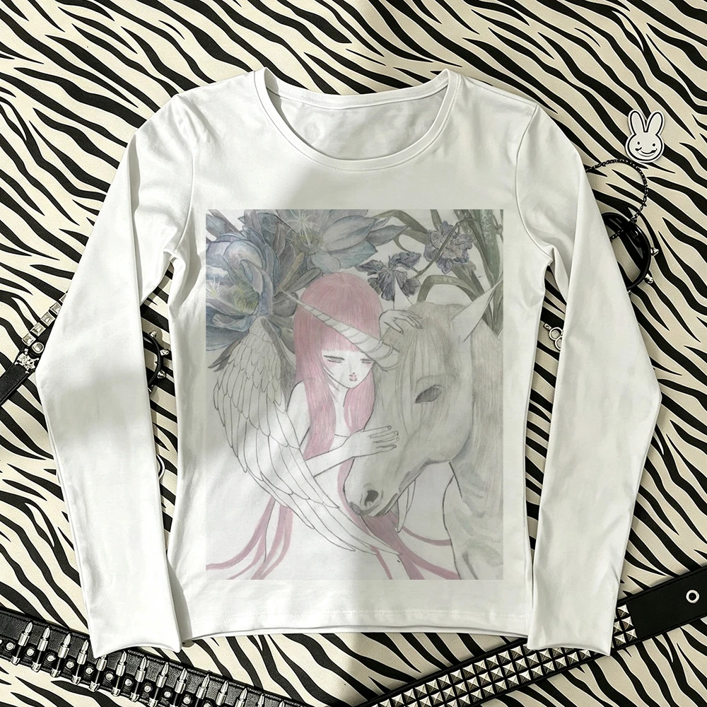 Dreamy Angel Girl Unicorn Floral Sketch Print Women Long Sleeve Top Round Neck Slim Fairy Grunge Y2K Harajuku Aesthetic Fitted T