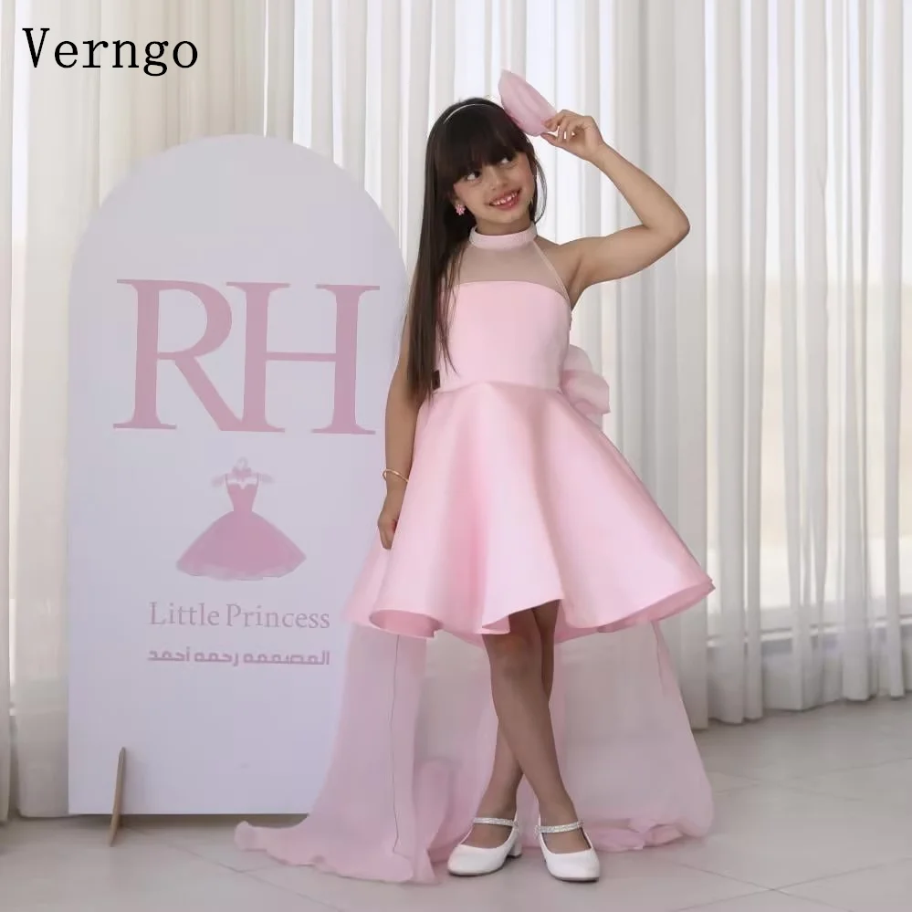 

Verngo Princess Pink Satin Girl Birthday Party Dress O Neck Sleeves Ball Gown Celebrity Flower Girl Dress Customized
