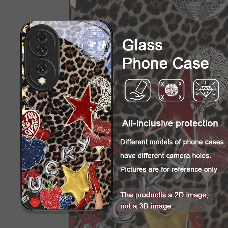 Casing Handphone Kaca Temper Motif Leopard Strawberry Bow untuk Huawei Honor 200 Lite 100 300 Pro 90 GT X8 4G X9 Magic 7 6 5Pro
