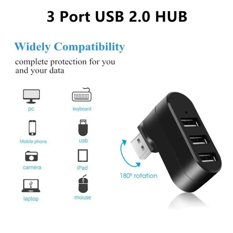 USB Hub 2.0 Adapter Rotatable Splitter 3 Ports USB 2.0 Multiple Expander Splitter For Computer PC Laptop U Disk Mini Accessories