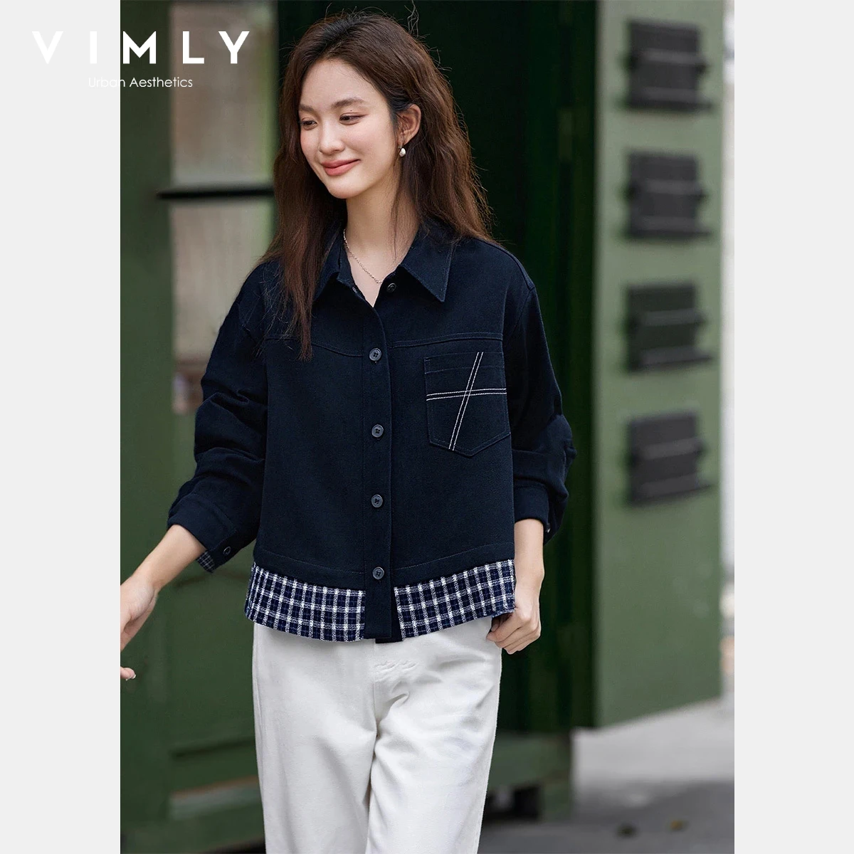 

VIMLY Fleece Lined Jacket for Woman 2025 Autumn French Style Turn-Down Collar Plaid Panel Hem Warmth Casual Ladies Outwear A3613