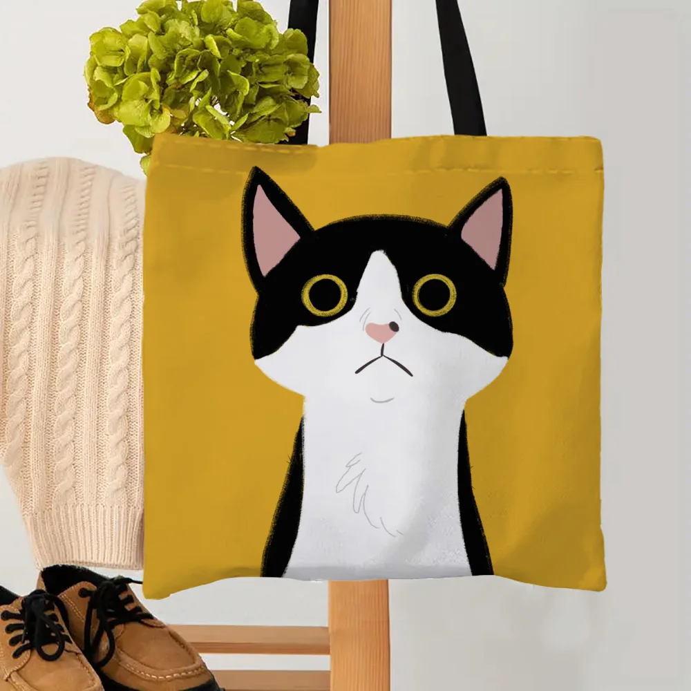 Linen Shopper Reusable Tote Black Cat Print Grocery Storage Bag Portable Large Capacity Shoulder Bag Machine Washable Tote Bag