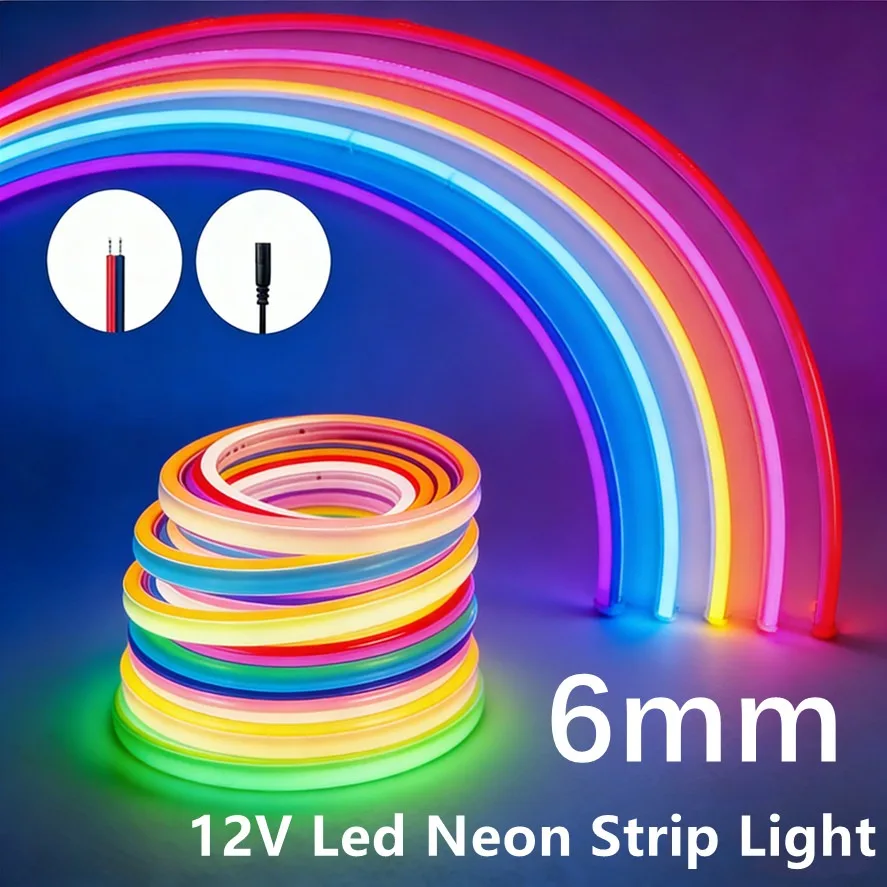 Fita de LED Neon 12V com Plugue DC, 6mm, Fita Flexível Estreita, Tubo de Silicone, Barra Impermeável para DIY, Vermelho, Verde, Azul, Amarelo