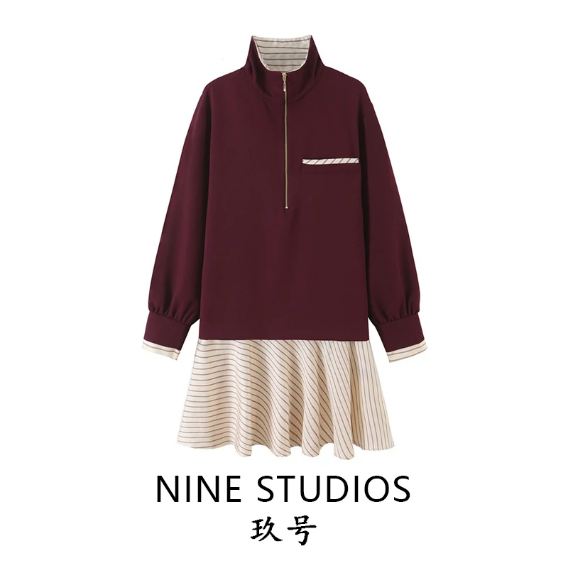 Elegant High Collar Zipper Long Sleeve Dress Short Skirt Splice Loose Women's Fashion Casual A-Line Skirt Winter Collection