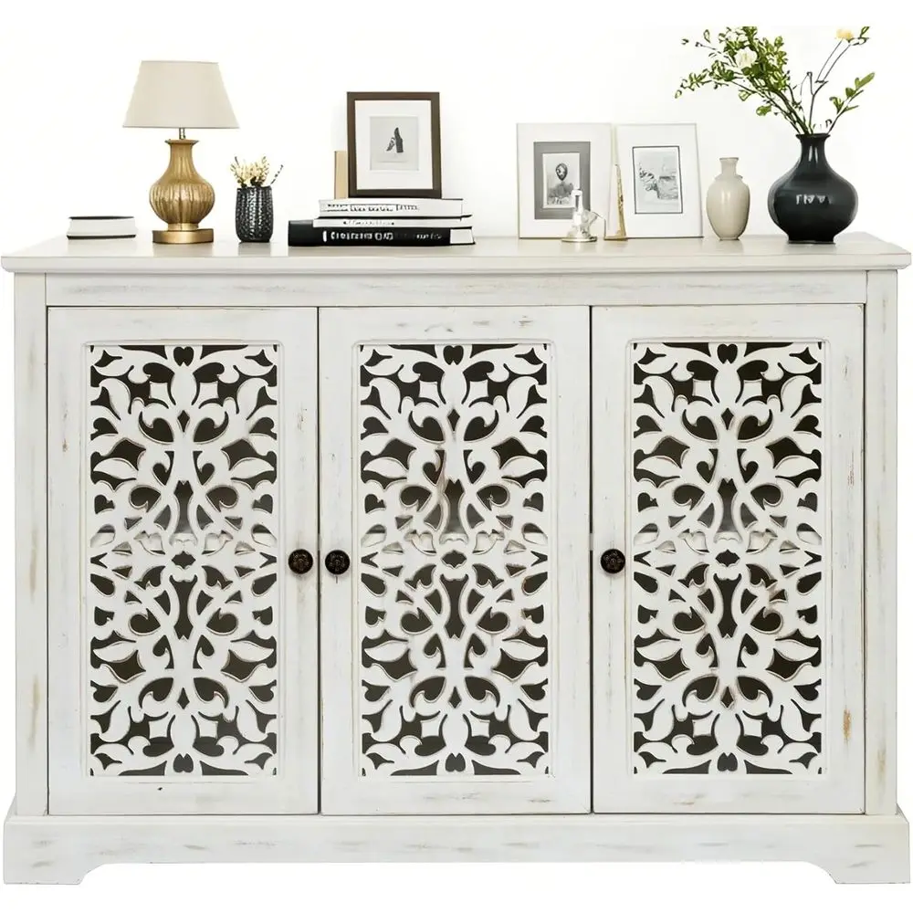 

Винтажный белый 3-дверный резной сервант с акцентом для гостиной/столовой и кухни
