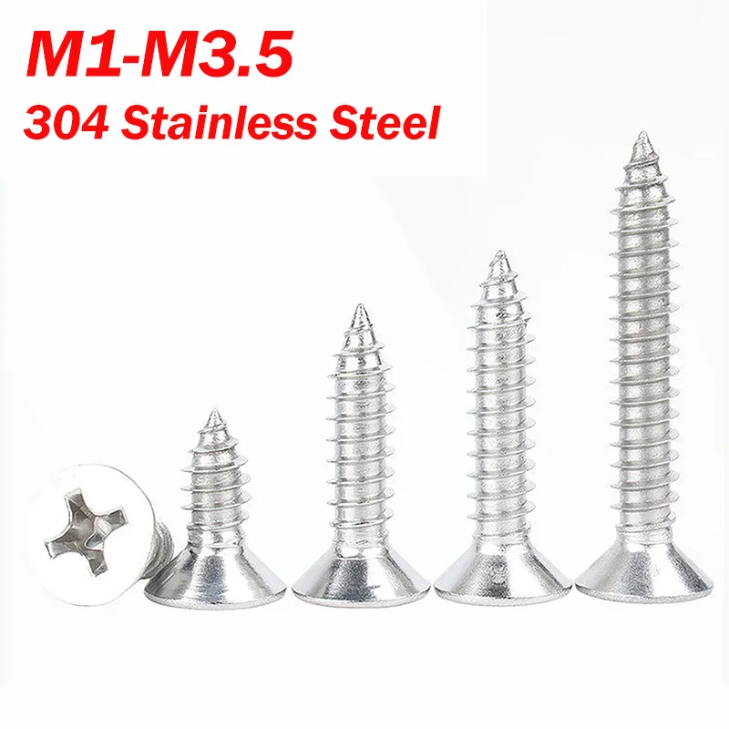 M1M1.2M1.4 M1.7 M2 M2.2 M2.6 M3 M3.5 304 Stainless Steel Cross Recessed Countersunk Flat Head Tapping Screws Wood Screw L:3-60mm